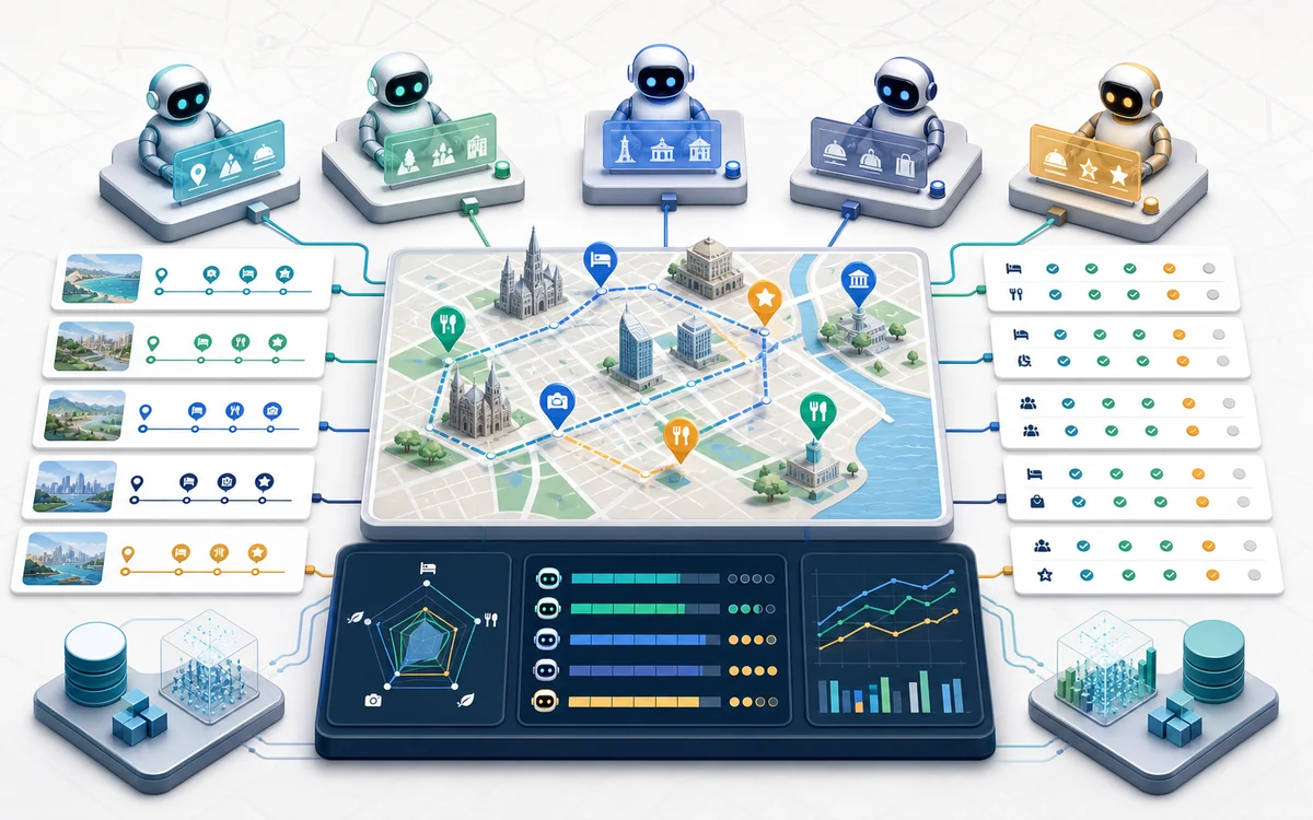 Illustration of travel-planning agents evaluated against routes and compositional constraints