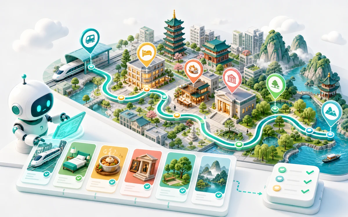 Illustration of an agent planning and validating a multi-day journey through a Chinese city
